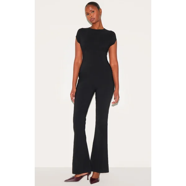 Black Stretch Woven Corset Detail Cap Sleeve Flared Jumpsuit