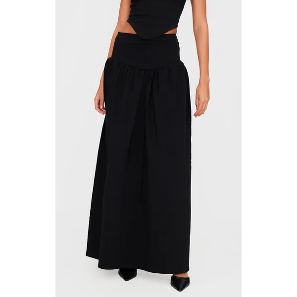 Black Stretch Woven Drop Waist Maxi Skirt