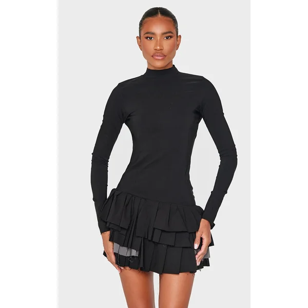 Black Stretch Woven Extreme Pleated Long Sleeve Shift Dress