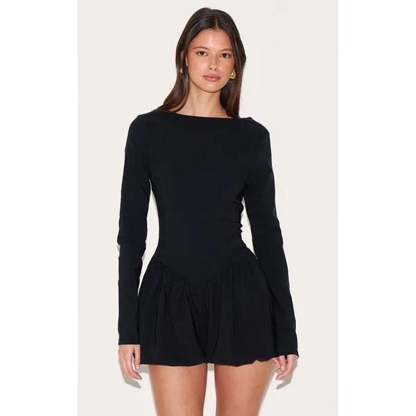 Black Stretch Woven High Neck Puffball Skort Romper