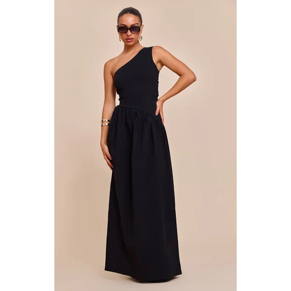 Black Stretch Woven One Shoulder Maxi Dress