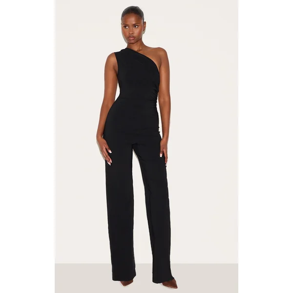 Black Stretch Woven One Shoulder Ruched Flared Jumpsuit