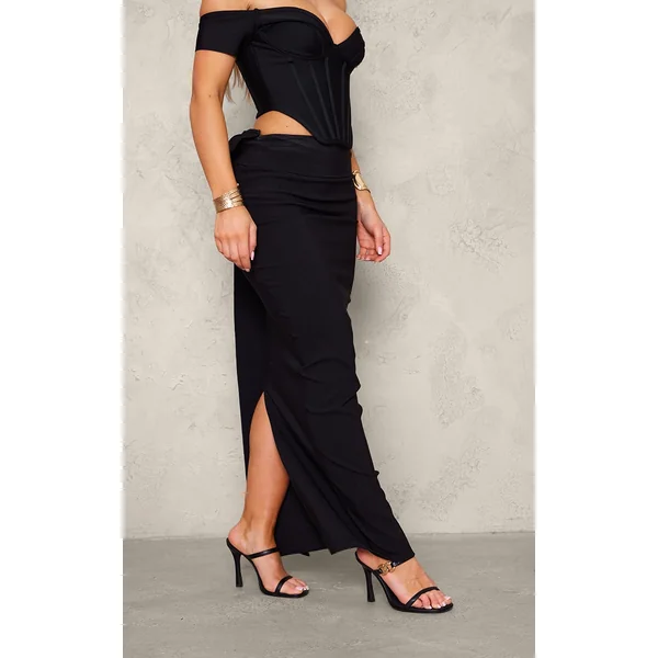 Black Stretch Woven Oversized Bow Detail Maxi Skirt