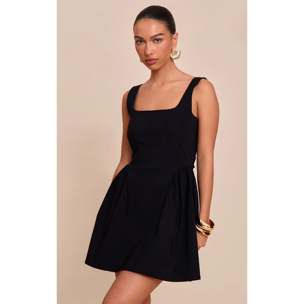 Black Stretch Woven Scoop Neck Shift Dress