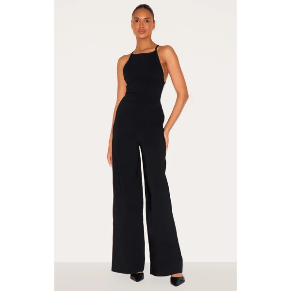 Black Stretch Woven Square Neck Wide Leg Jumpsuit