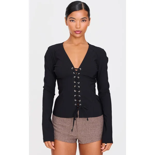 Black Stretch Woven Tie Front Fitted Shirt