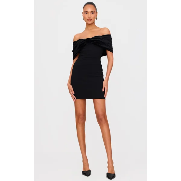 Black Stretch Woven Velvet Bow Bardot Mini Dress