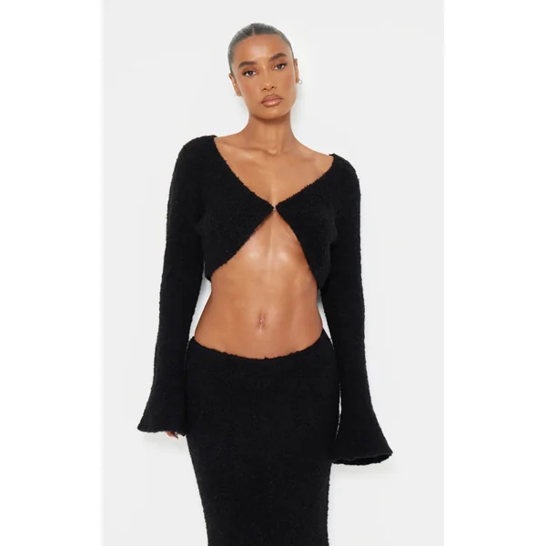 Black Stripe Textured Knit Flared Sleeve Mini Cardigan