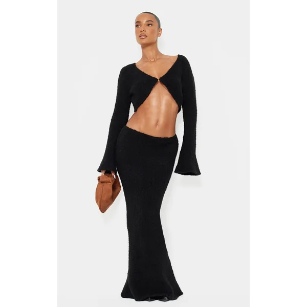 Black Stripe Textured Knit Maxi Skirt