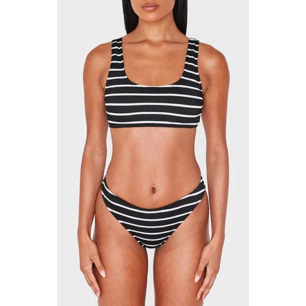 Black Striped Crinkle Tanga Bikini Bottoms