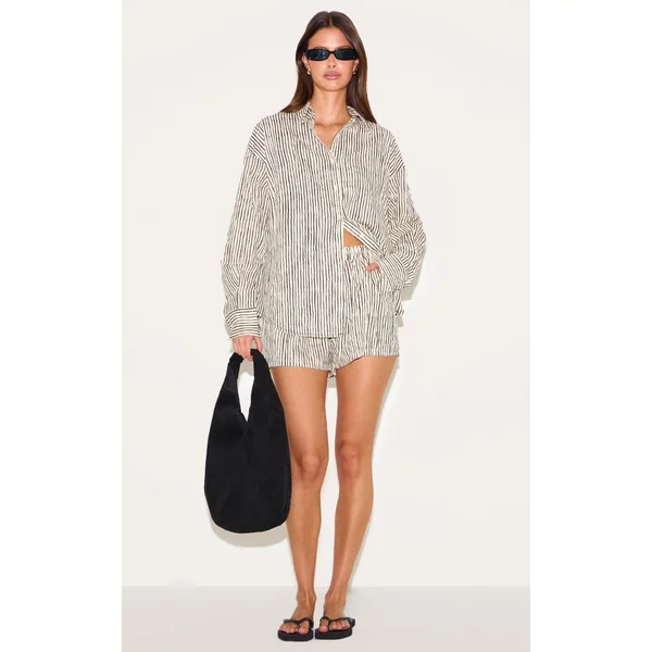 Black Striped Linen Look Floaty Shorts