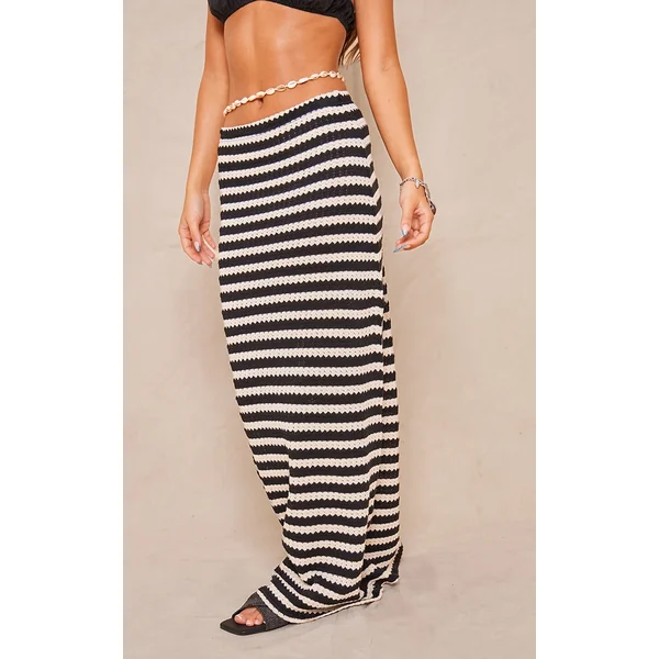Black Striped Textured Jersey Maxi Skirt