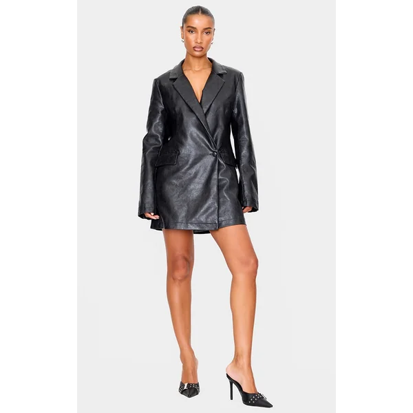 Black Structured Faux Leather Blazer Dress