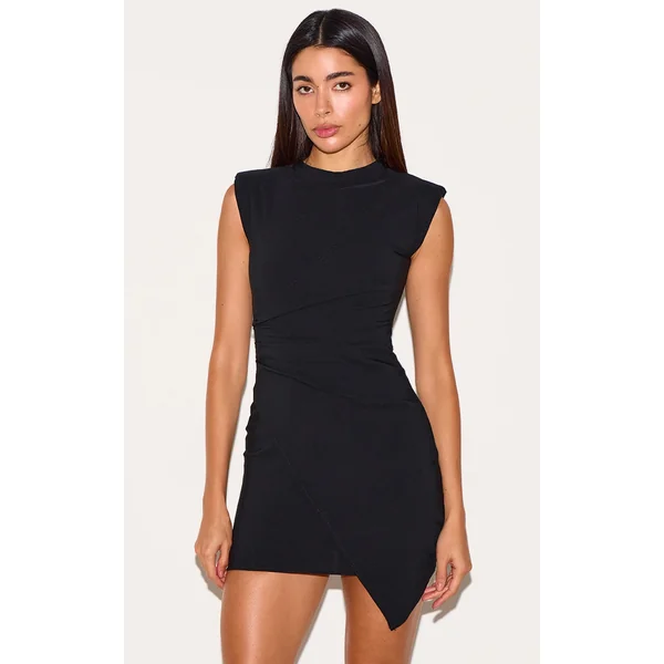 Black Structured Sleeveless Ruched Mini Dress