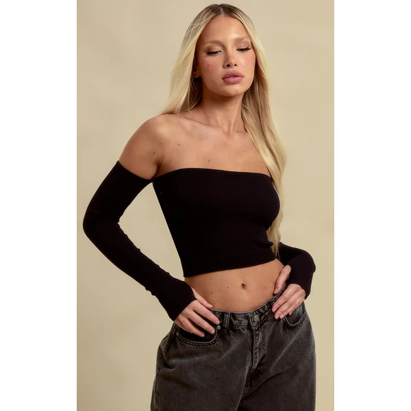 Black Structured Snatched Rib Bardot Crop Top