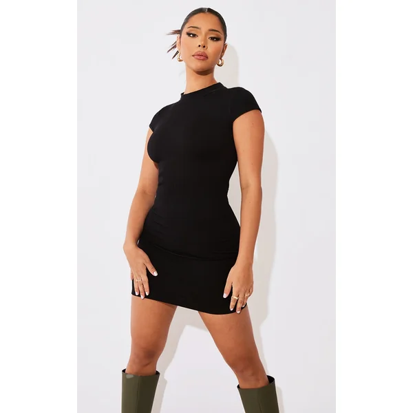 Black Structured Snatched Rib Cap Sleeve Bodycon Dress