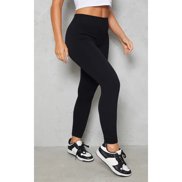 Black Structured Snatched Rib Cuffed Detail Leggings