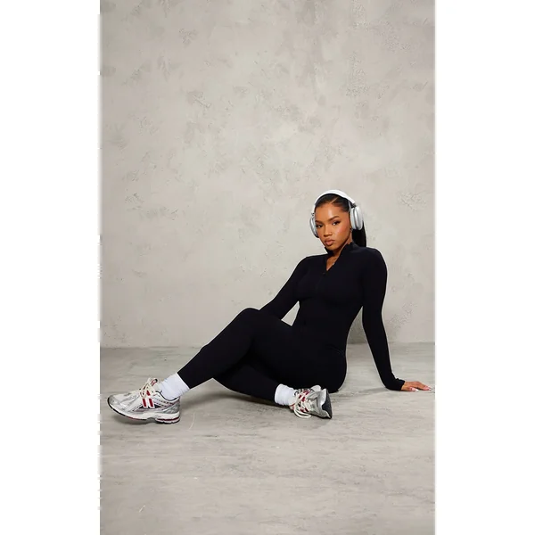 Black Structured Snatched Rib Zip Jumpsuit