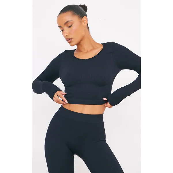 Black Structured Snatched Ribbed Round Neck Long Sleeve Crop Top