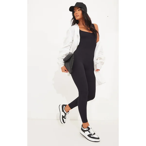 Black Structured Snatched Ribbed Scoop Neck Jumpsuit