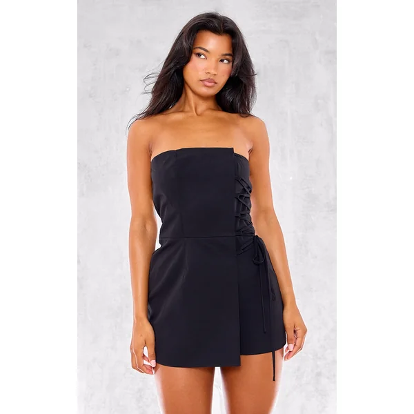 Black Structured Woven Bandeau Skort Romper