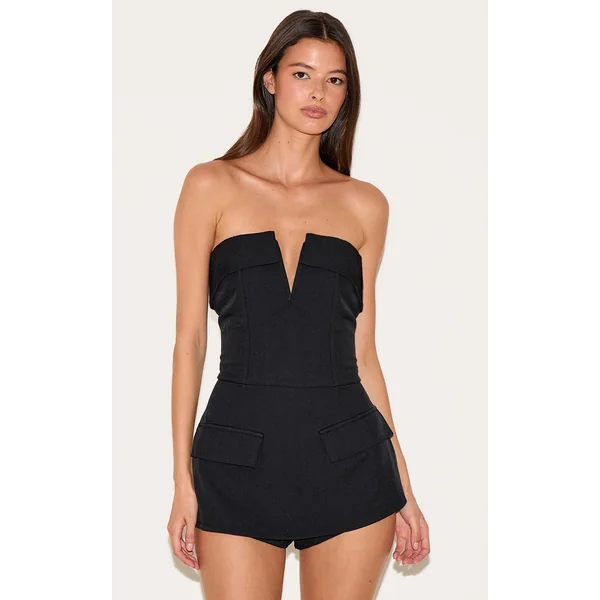 Black Structured Woven Corset Detail Bandeau Romper