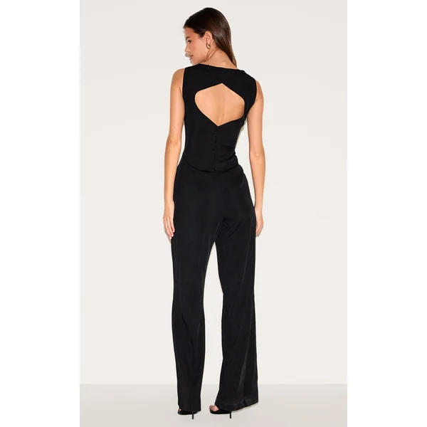 Black Structured Woven Open Back Detail Straight Leg Jumpsuit