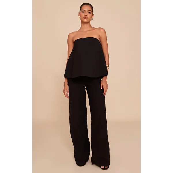 Black Structured Woven Peplum Straight Leg Jumpsuit
