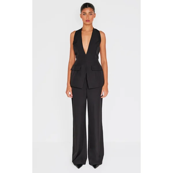Black Structured Woven Vest Detail Straight Leg Jumpsuit