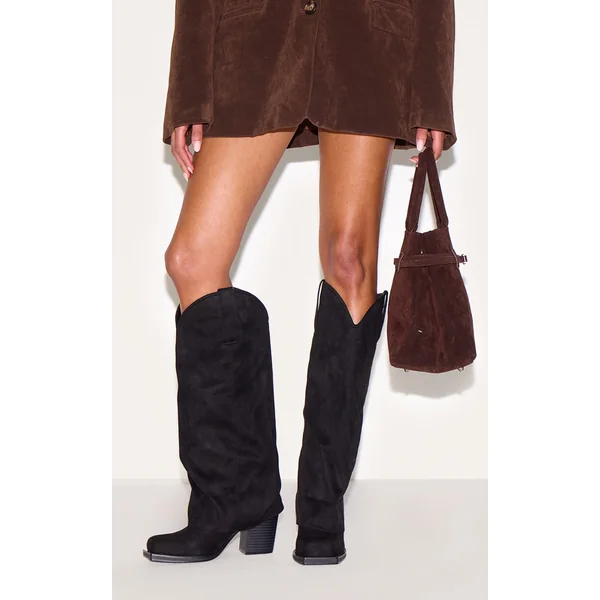 Black Suede Square Toe Fold Over Knee High Block Heel Western Boots