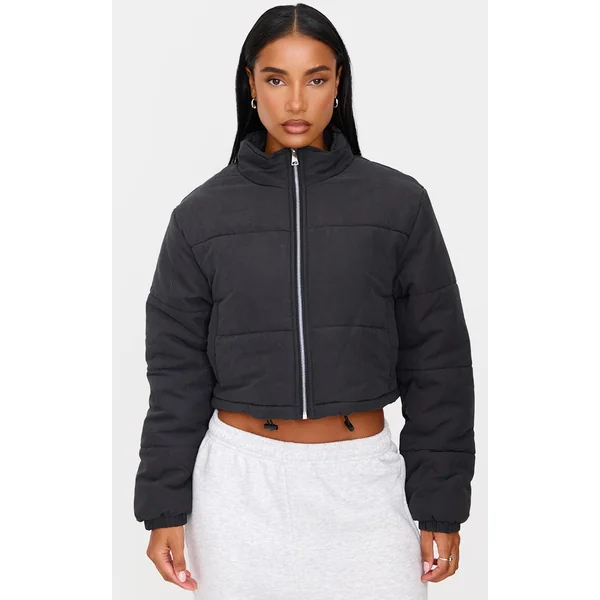 Black Super Cropped Peach Skin Puffer