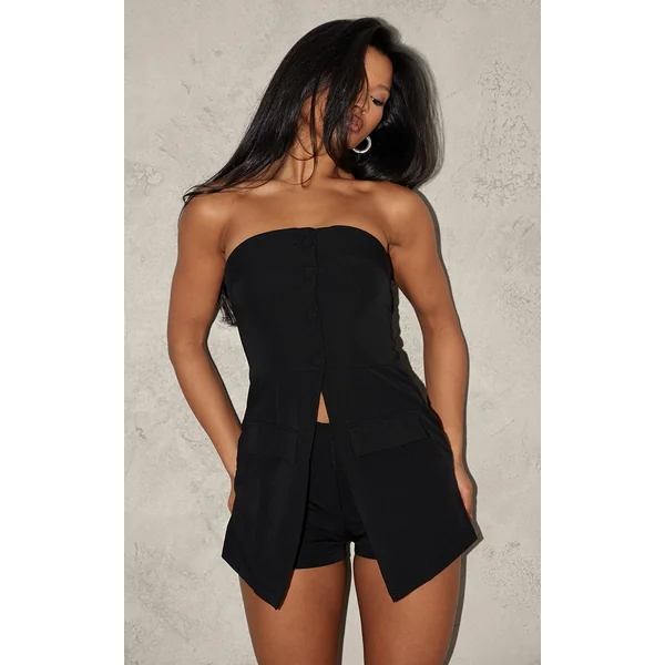 Black Tailored Button Skort Bandeau Romper