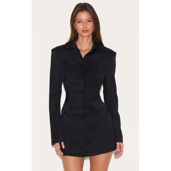 Black Tailored Button Up Pocket Detail Mini Dress