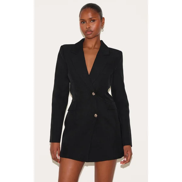 Black Tailored Gold Button Blazer Dress