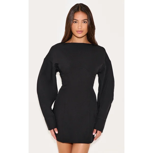 Black Tailored Long Sleeve Shift Dress