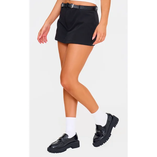 Black Tailored Woven Belt Detail Skort