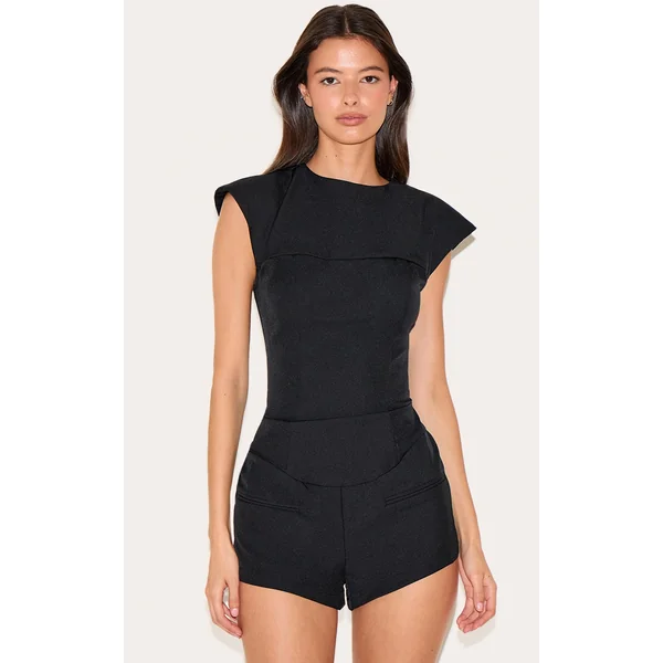 Black Tailored Woven Boatneck Cap Sleeve Romper