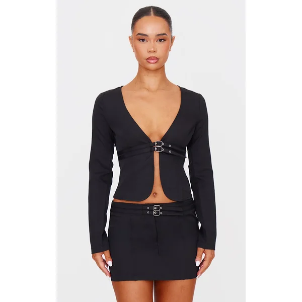 Black Tailored Woven Buckle Detail Long Sleeve Top
