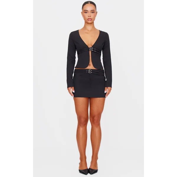 Black Tailored Woven Buckle Detail Low Rise Mini Skirt