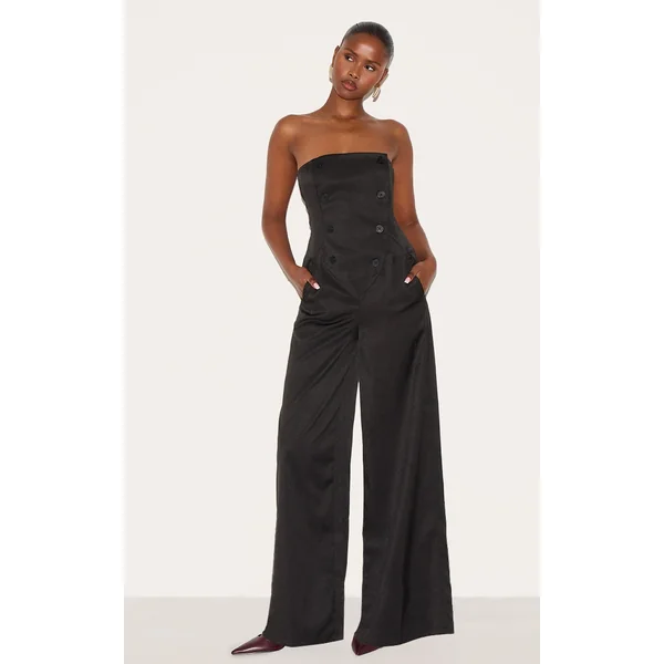 Black Tailored Woven Button Up Wide Leg Bandeau Jumpsuit