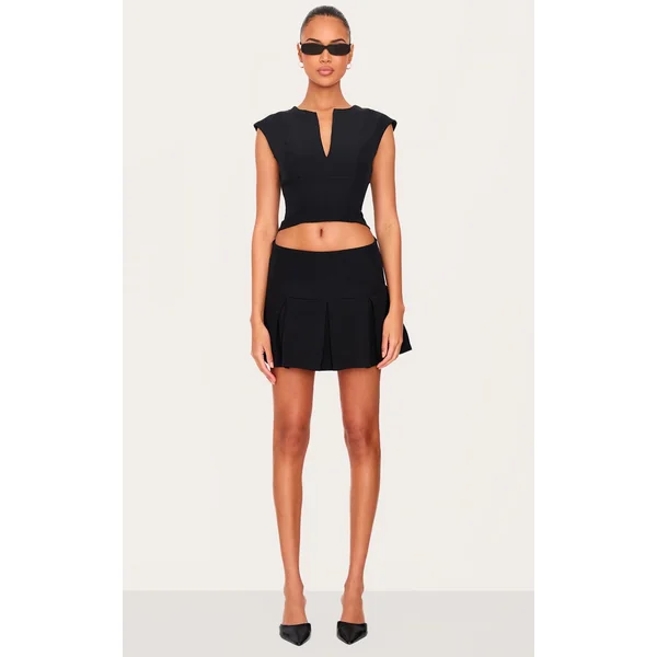 Black Tailored Woven Low Rise Pleated Micro Mini Skirt