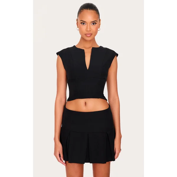 Black Tailored Woven Plunge Cap Sleeve Cinched Waist Long Top
