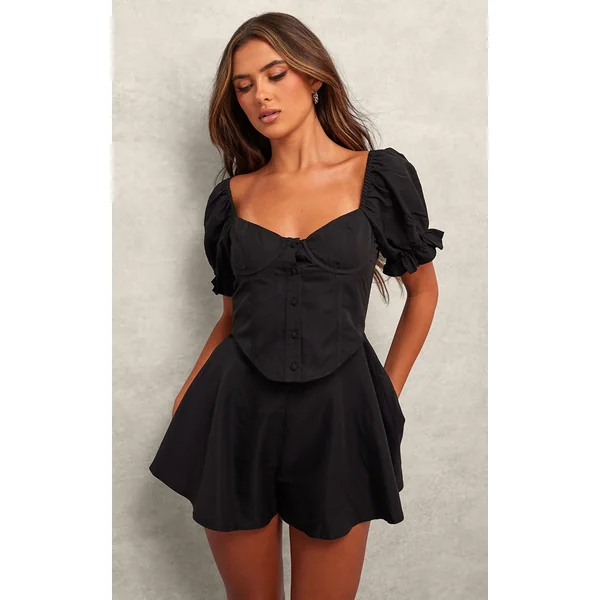 Black Tailored Woven Puff Sleeve Corset Romper