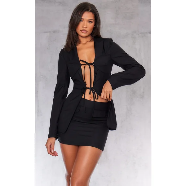 Black Tailored Woven Tie Front Longline Blazer