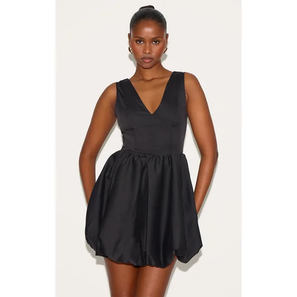 Black Tailored Woven V Neck Puffball Mini Dress