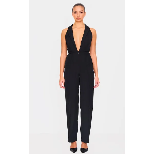 Black Tailored Woven Vest Lace Up Detail Jumpsuit
