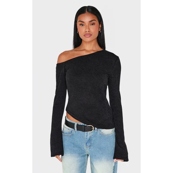 Black Textured Asymmetric Flared Sleeve Long Top