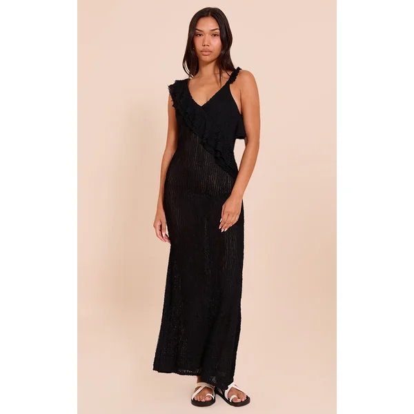 Black Textured Asymmetric Neck Maxi Dress