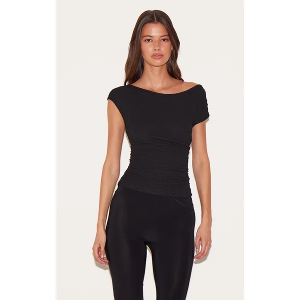 Black Textured Asymmetric Ruched Detail Long Top