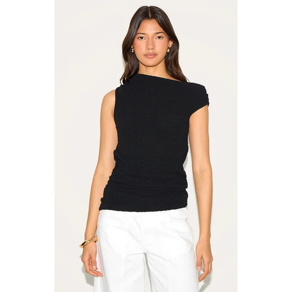Black Textured Asymmetric Slouched Detail Long Top